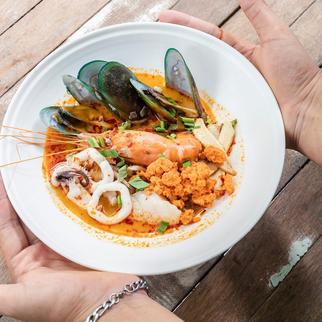 Tom Yum noodle soup with seafood, a Thai Only signature